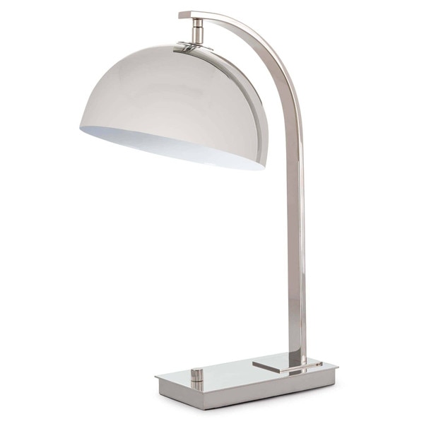 white underside of a polished nickel adjustable metal desk lamp